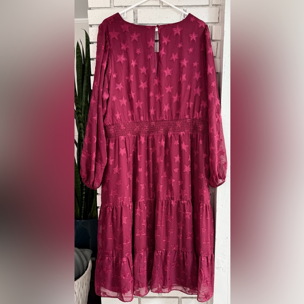 NWT Torrid Size 3X Red Purple Midi Clip Dot Star Dress Balloon Sleeves Tiered - Picture 2 of 12